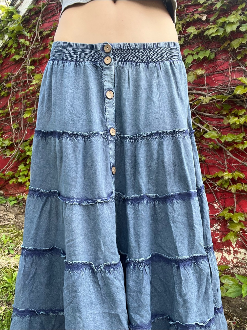 Mlle Gabrielle Blue Tiered Button-Front Midi Skirt - Picture 5 of 13